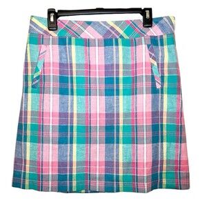 TALBOTS Madras Pastel Plaid Linen Blend Mini Skirt Lined Preppy Academia Size 8